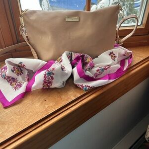BCBG Paris Tan Crossbody Shoulder Bag + Floral Italian Scarf Bundle